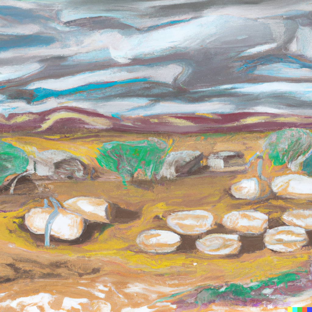 African landscape with earthy colours and small biogas digesters attached to homes in the scenery. Drawing. Created by DALL-E 3.