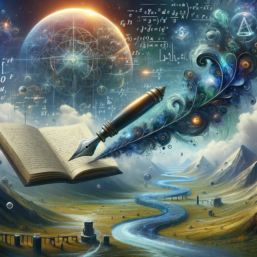 A surreal depiction of publishing a scientific article without any people. Imagine an ethereal landscape where a giant, glowing book with scientific symbols and equations on its pages floats above a scenic landscape. Below the book, a stream of ink flows from a large, antique fountain pen, weaving through the scenery like a river. The background is filled with floating abstract shapes and mathematical formulas, creating an otherworldly atmosphere that symbolizes the journey of scientific discovery and publication. Drawing created by DALL-E