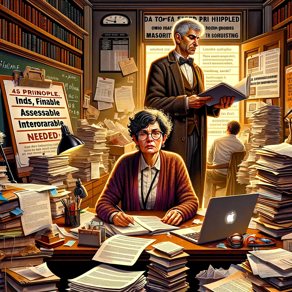 In a university setting, a woman professor and a man professor, are depicted in a dynamic and detailed scene that embodies the multifaceted nature of academic life. The woman is seen sitting at a cluttered desk, surrounded by piles of papers and books, grading assignments and looking exasperated. Beside her, a laptop displays an email about another meeting. The man is standing, holding a stack of documents, looking at a poster on the wall that explains the FAIR principles (Findable, Accessible, Interoperable, and Reusable) for making research data public. The background is filled with elements that suggest a busy academic environment: a chalkboard filled with notes, a clock showing a late hour, and a door slightly ajar with a &#039;Data Steward Needed' sign hanging on it. The scene conveys the overwhelming workload and the additional pressure of adhering to new research data policies, highlighting the need for support in the academic community. Created with DALL-E by OpenAI.